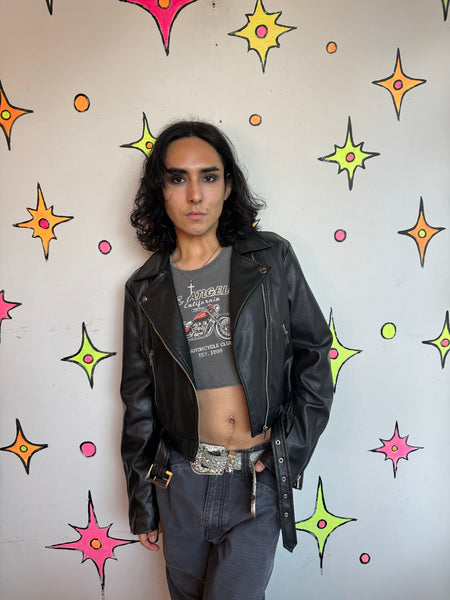 Y2K Black Vegan Leather Moto Jacket Grunge Goth Rocker Biker Jacket M