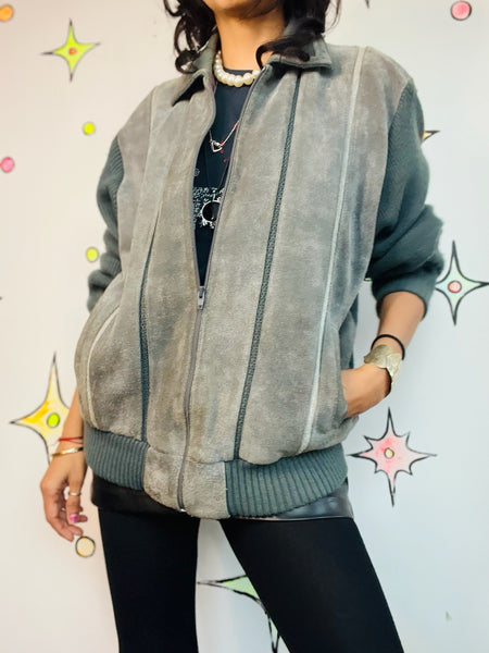 Vintage 90s Gray Suede Leather Bomber Sweater Moto Jacket - Retro Grunge - L