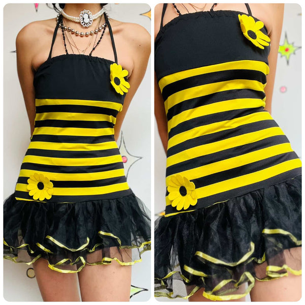 Vintage 90s Y2K Bee Costume Dress Dreamgirl Yellow & Black Tutu Party Mini – S M