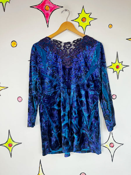 Vintage Y2K Blue Velvet Tattoo Print Top – Boho Grunge Fairy w Lace Back – XL