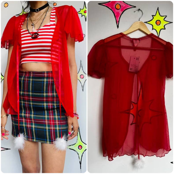 Vintage 80s 90s | Red Chiffon Sheer Babydoll Feather Trim Nighty Robe Cape | S