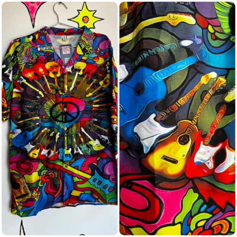 Men's Guitar Hippie Hawaiian Wearable Art Retro Party Shirt | Size Medium
