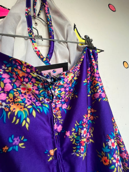 60s Purple Floral Halter Mini Dress Rainbow Mod Psychedelic Go-Go Party Dress S