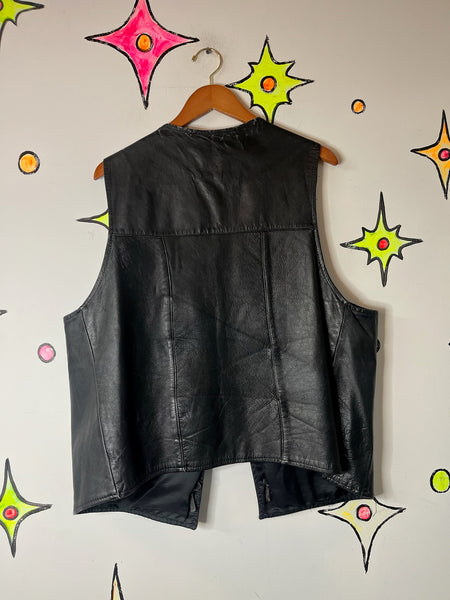 Vintage Thrashed Black Leather Western Boho Grunge Biker Vest Silver Conchos ML