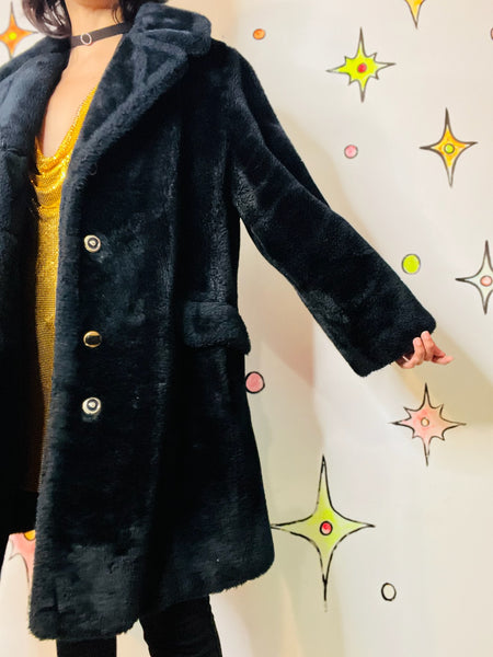 Vintage 70s Black Fluffy Vegan Faux Fur Teddy Bear Coat – Boho Glam Grunge - M/L