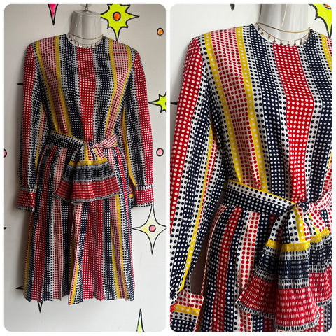 Vintage 60s 70s | Groovy Rainbow Polka Dot Clown Secretary Dress | Size 14 / M