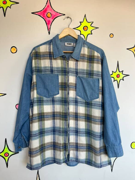 90s GITANO Denim and Plaid Flannel Long Sleeve Zip-Up Shirt | Grunge Boho | L