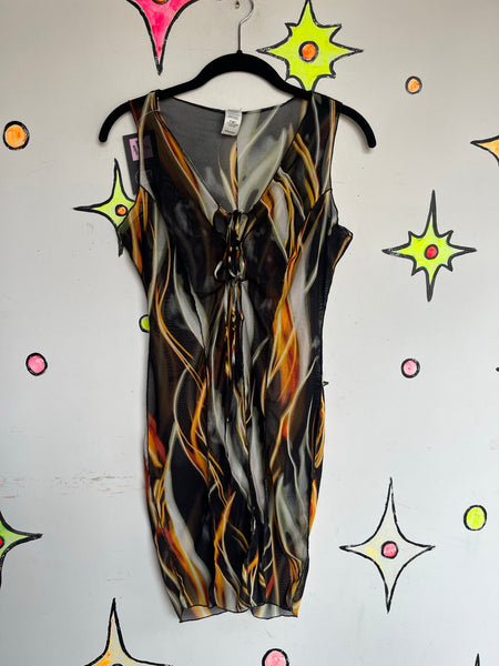 90s Grunge Sheer cyber goth Lace Up Keyhole Mesh Flame Print Bodycon Dress M