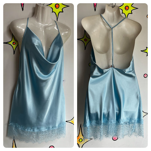 Vintage 90s Y2K | Blue Silky Cowl Neck Mini Dress Slip | Size M