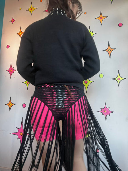 Black Crochet Fringe Shorts Y2K Festival Boho Rave Goth Maximalist Hot Pants S