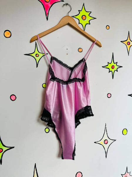 Vintage 80s Vamp Pink Satin & Black Lace Teddy Coquette Fairy Grunge Lingerie S