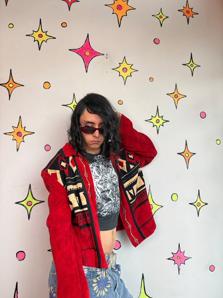 Red Western Blazer 80s Cowboycore Folk Art Jacket Office Siren Glam Statement L