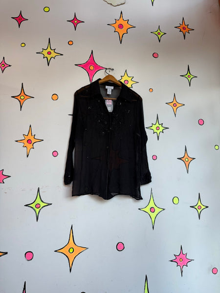 Black Sheer Silk Beaded Blouse Embroidered Evening Top Luxe Glam Whimsigoth XL