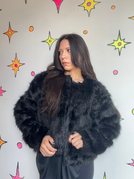Vintage Black Vegan Fur Coat Glam Goth Femme Fatale Dramatic Evening Jacket L