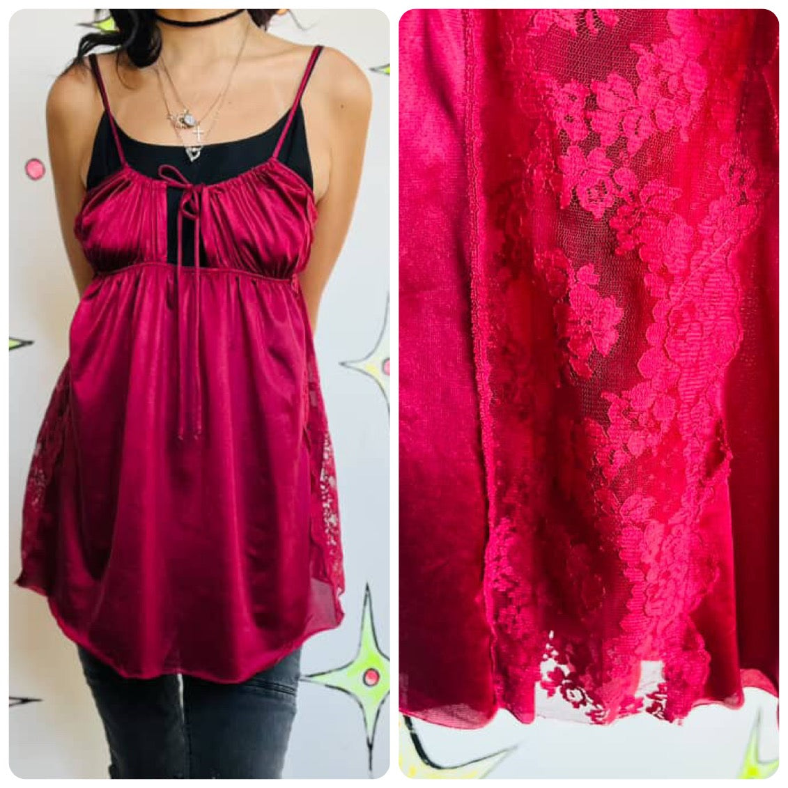 Vintage 70s Burgundy Lace Fairy Grunge Boho Grunge Mini Lingerie Slip Dress M