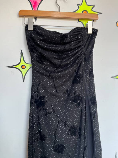 90s Y2K Black Glitter Strapless Fairy Goth Dress - Asymetric Hem Slip - Small