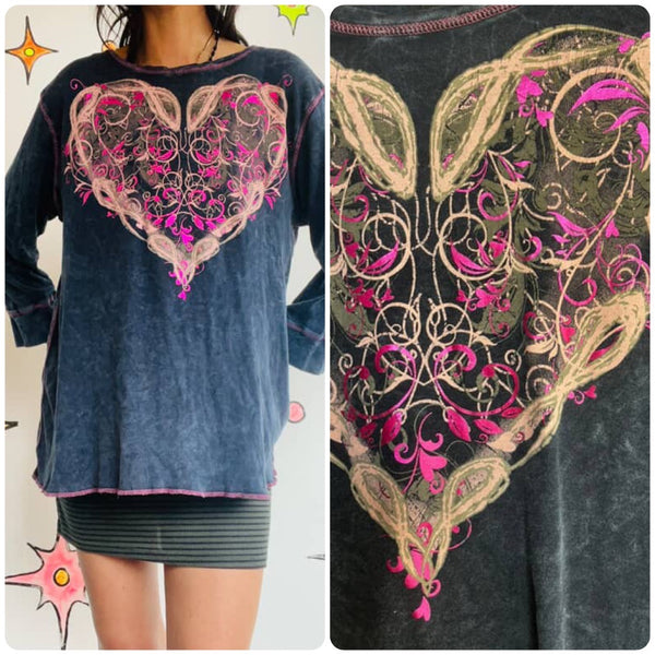 Vintage Y2K Grunge Fairy Indie Sleaze Tattoo Print Heart Goth Top - XL