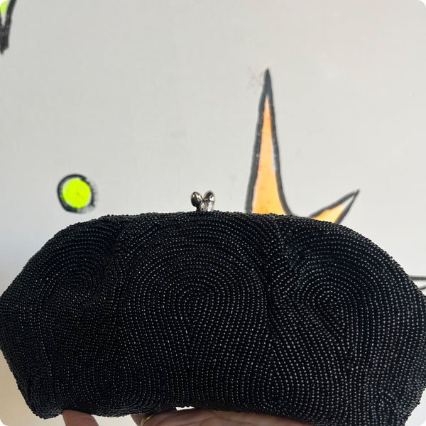 Vintage 1950s 2 piece Beaded Black Goth Glam Kisslock Purse Bag Handbag Clutch