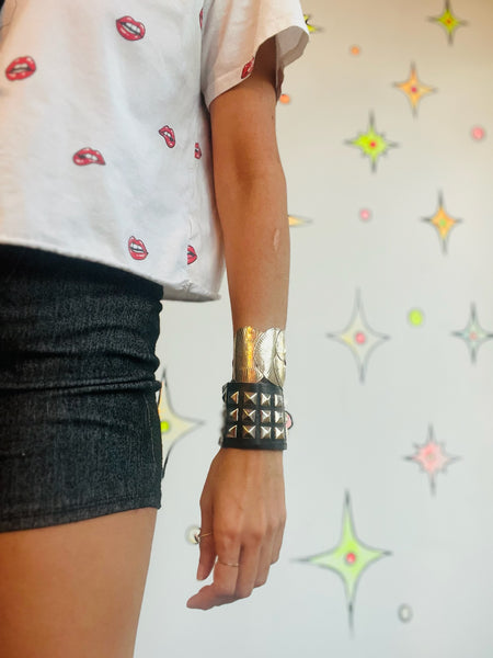 Vintage Black Vegan Leather Pyramid Studded Embellished Leather Punk Bracelet