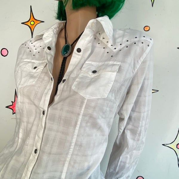 Vintage Y2K White Bedazzled Cross Western Pearl Snap | McBling Cowgirl M