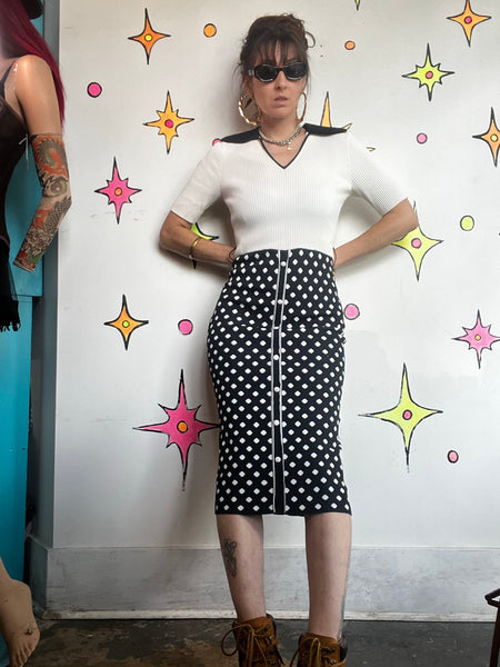Retro 90s Black & White Polka Dot Dagger Collar Midi Dress 60s 70s Mod Knit M