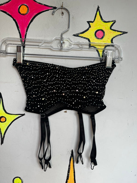 Y2K Black Mesh Rhinestone Lingerie Set Garter Skirt & Bikini Top Goth Glam PinUp