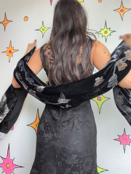 Black Velvet Burnout Fringe Scarf Flapper Old Hollywood Goth Fairycore Glam