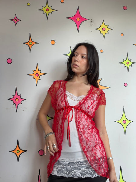 Vintage White Crochet Long Vest ' Boho Western Duster Fairy Grunge Lace Layer SM
