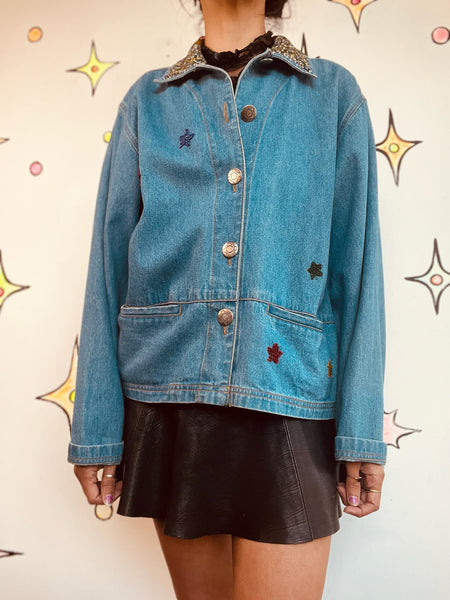 Vintage 90s CHICO’S Embellished Denim Jacket – Boho Grunge Jean Jacket – S-M