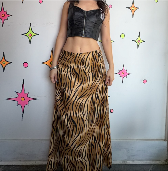 Vintage 80s 90s Tiger Print Maxi Skirt | Animal Print Boho Grunge | Size L