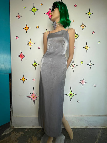 90s Silver Metallic Glam Maxi Dress Side Slit Fairy Grunge Prom Slip Gown S