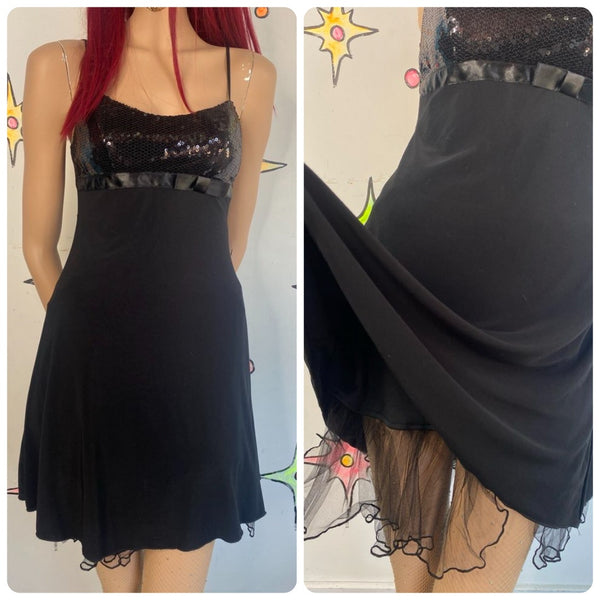 Y2K Sequined Babydoll Party Dress Built-In Petticoat Love Tease Prom Glam M