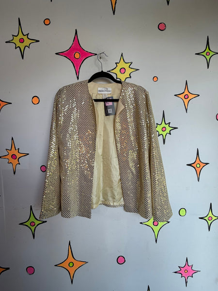 Vintage 80s Gold Sparkle Disco Blazer Metallic Party Jacket Glam Rock Small