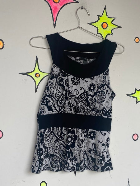 Black & White Paisley Scarf Bringe Top 90s Stretchy Fairy Grunge Whimsy Goth - S