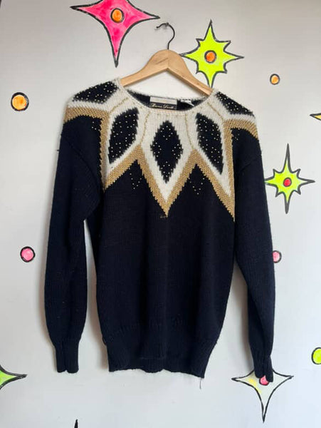 Vintage 80s Black Angora Sweater Fuzzy Angora Beaded Pullover - Dana Scott - L