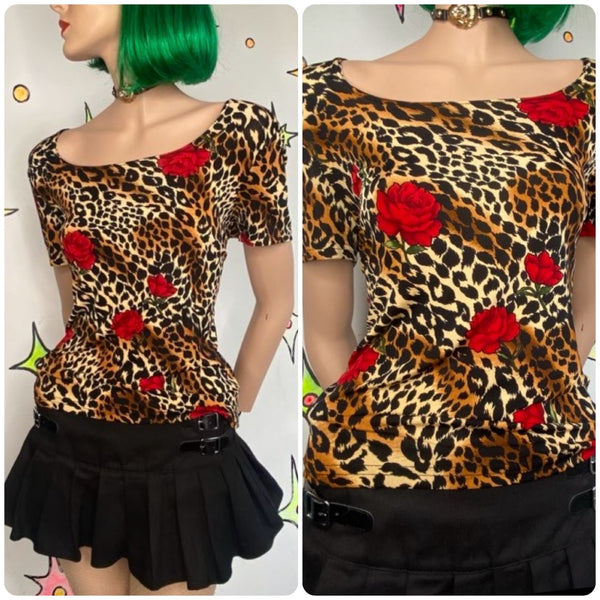 Vintage 90s Leopard & Rose Print Stretchy Square Neck Glam Grunge Top M/L