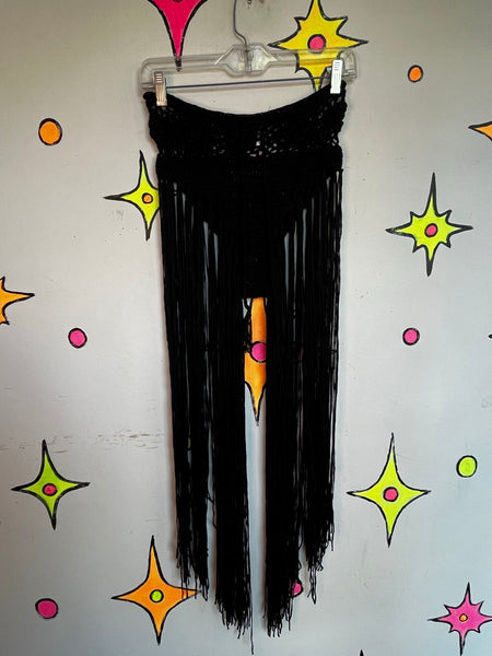 Black Crochet Fringe Shorts Y2K Festival Boho Rave Goth Maximalist Hot Pants S