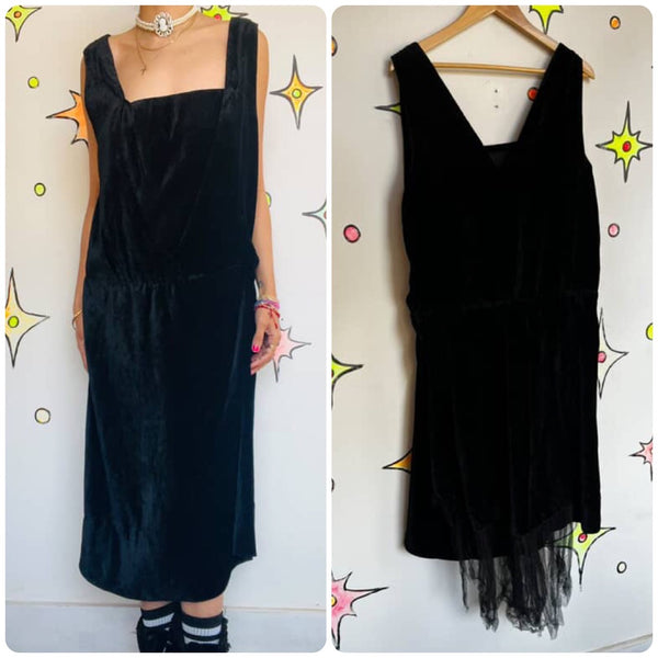 Antique Black Velvet Drop Waist Dress Witchy Gothic Asymmetrical Hem 1920s L