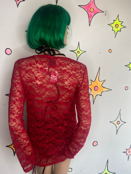 Red Lace Romantic Vampire Top Whimsigoth Sirencore Y2K Fitted Blouse M