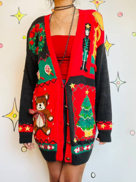 Vintage 80s 90s Ugly Tacky Christmas Party Sweater Cardigan w Teddy Bear M/L