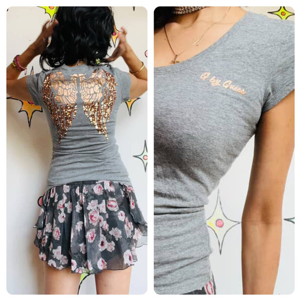 Y2K G by Guess Gray & Gold Angel Wings Baby Tee - Tattoo Print Fairy Grunge XS