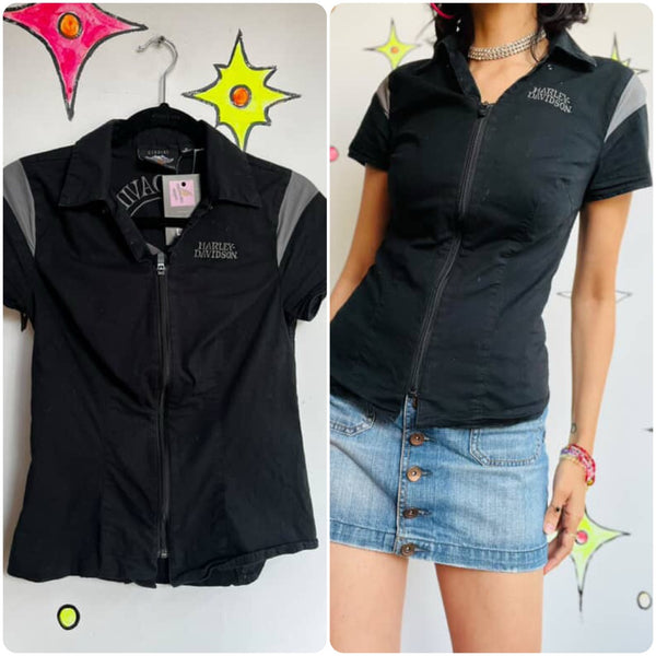 Black Zip‑Up Harley Davidson Racing Shirt - Genuine Motorclothes XS - Vintage
