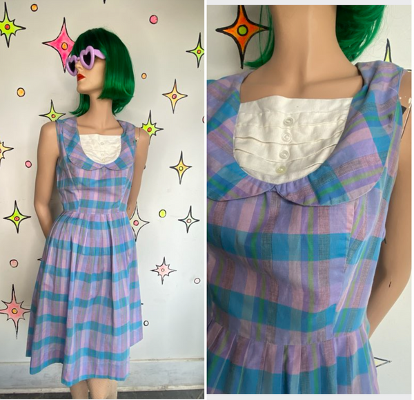 Vintage 50s Pastel Plaid Midi Dress Handmade Cotton Rockabilly Pin Up - Small