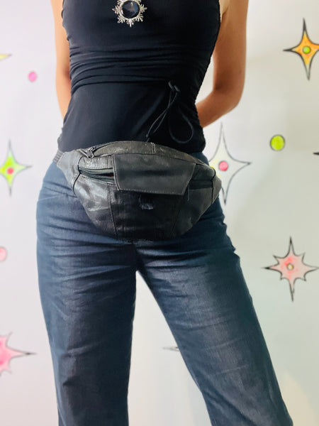 Vintage 90s Black Leather Fanny Pack Adjustable Belt Bag Travel Hands-Free Purse