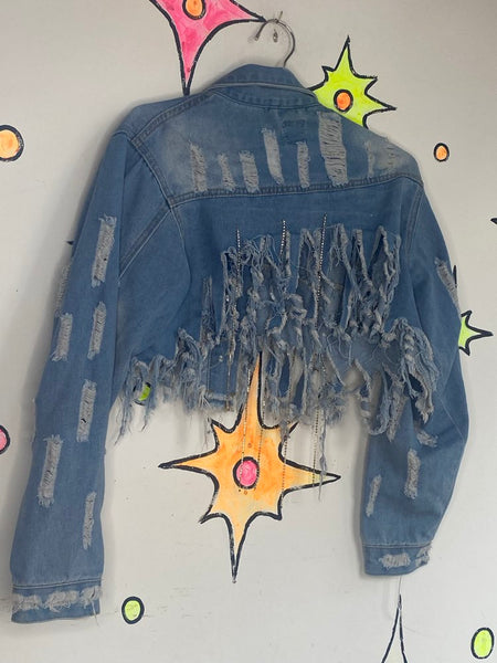 Y2K Rhinestone Cropped Fringe Denim Jacket Thrashed Indie Sleaze McBling M