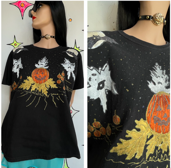 Vintage 80s Halloween Puffy Paint Tee DIY Wearable Art Graphic T Shirt L