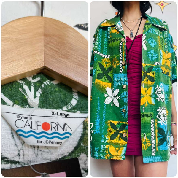 Vintage 60s 70s Green Hawaiian Tiki Shirt - Aloha Surf Style - JCPenney - XL