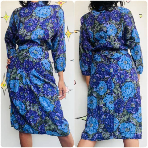 Vintage 1980s Purple Floral Batwing Secretary Dress - Boho Grunge Midi - Small