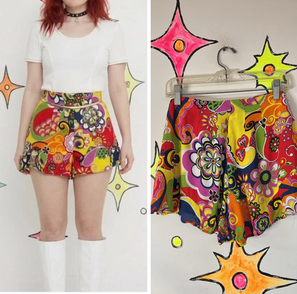 Y2K does 60s Groovy Psychedelic Mod GoGo Rainbow Micro Shorts XS Retro Clubwear
