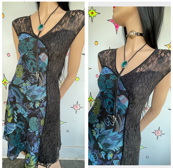 Y2K Lace Asymmetrical Dress | Black Teal Fairy Grunge Whimsy Goth Midi Dress M